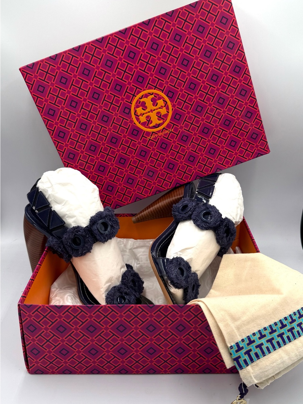 Tory Burch Navy Floral-Appliqué Wedge Sandals